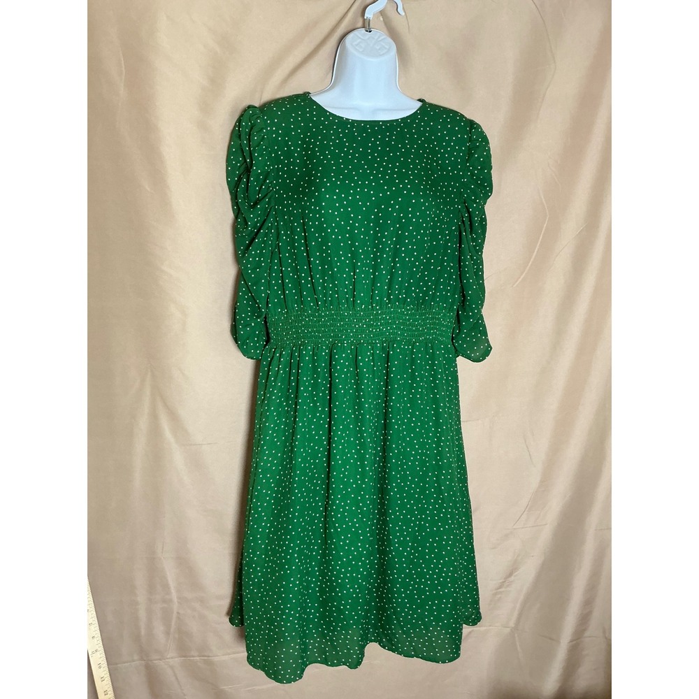 Bobeau Polka Dot Dress Womens Large Green Excellent Smocked Puff Sleeve Flare
